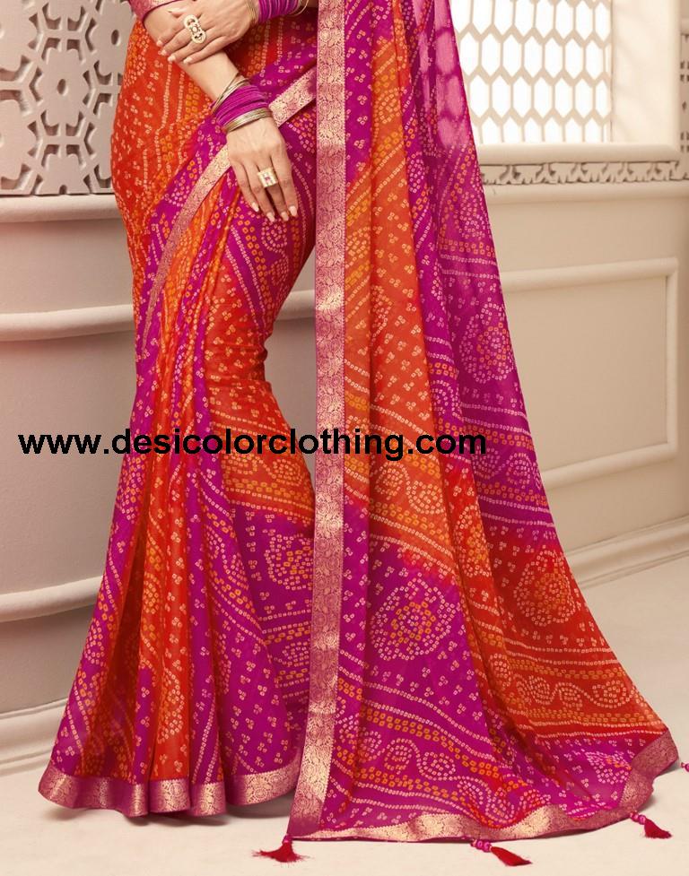 Pink And Orange Bandhani Saree