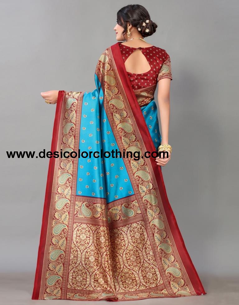 Peacock Blue Printed Silk Saree