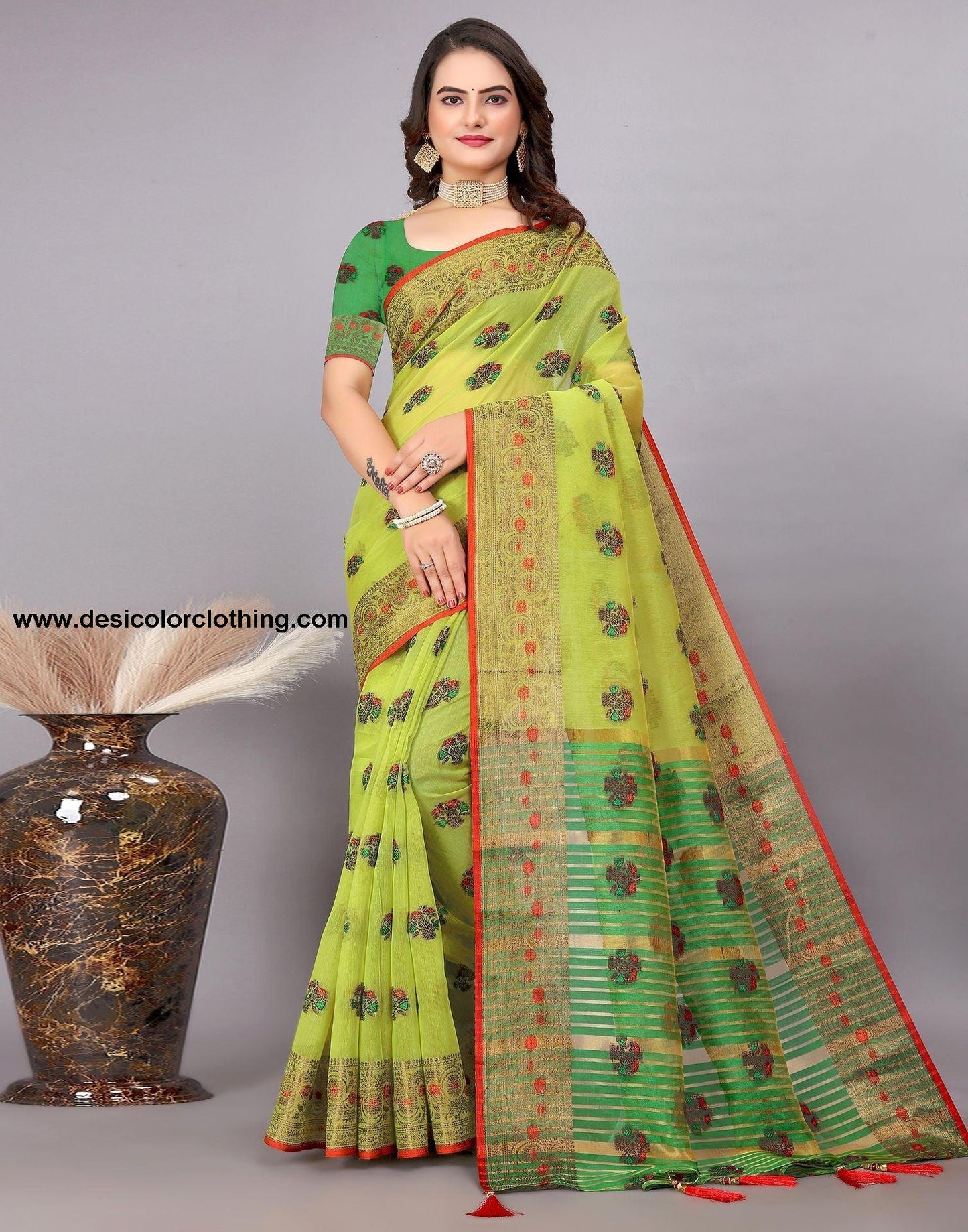 Dark Green Plain Cotton Saree