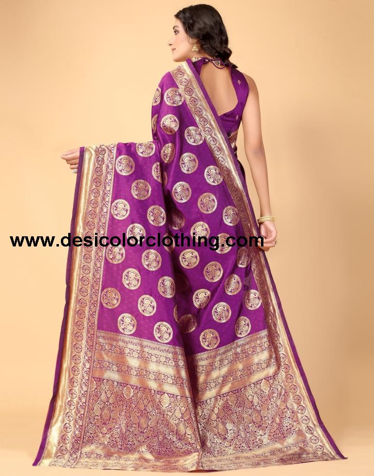 Magenta And Golden Silk Saree