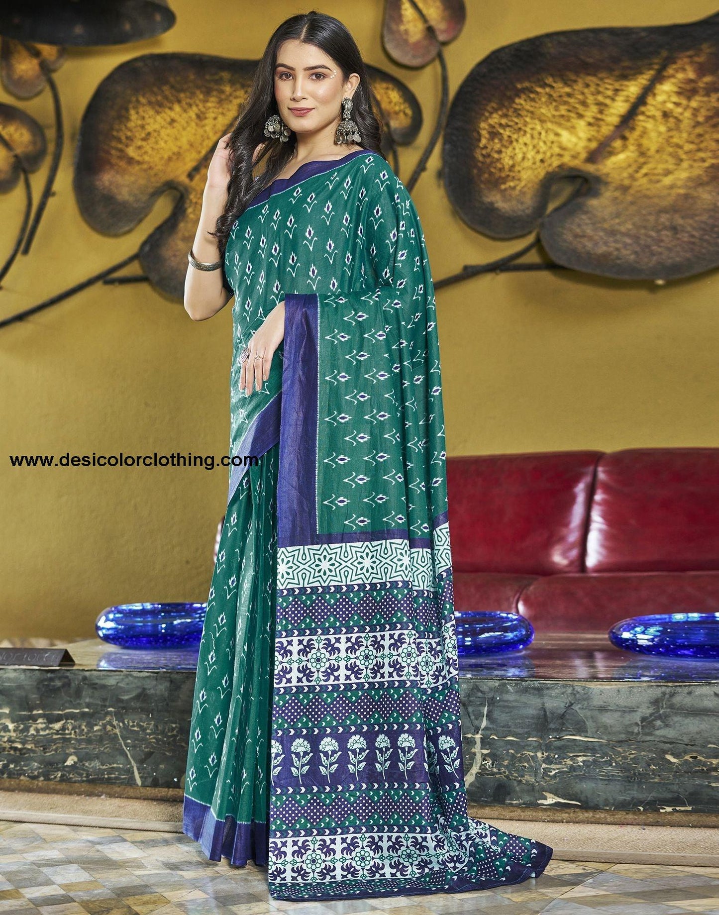 Rama Green Printed Cotton Pre-draped Saree