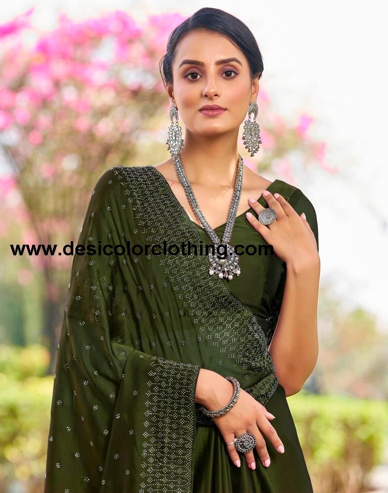 Olive Green Georgette Plain Saree