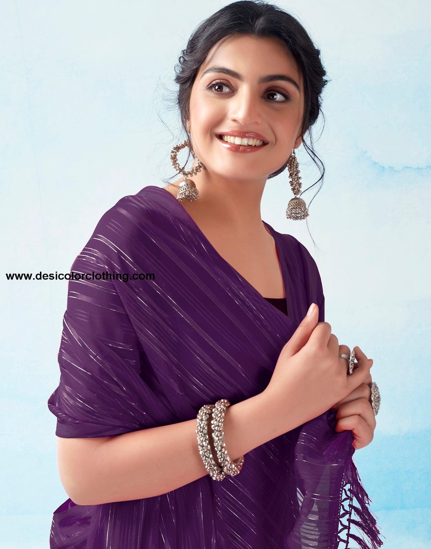 Dark Purple Georgette Plain Saree