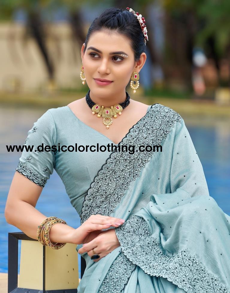 Pastel Blue Plain Silk Saree
