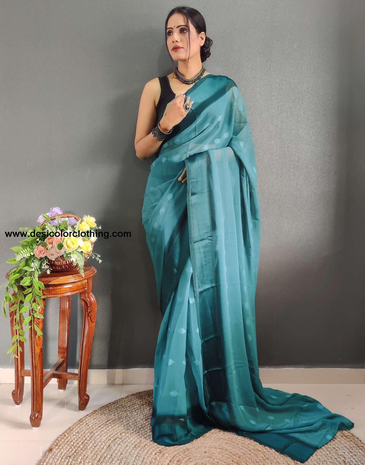 Blue Plain Georgette Pre-draped Saree