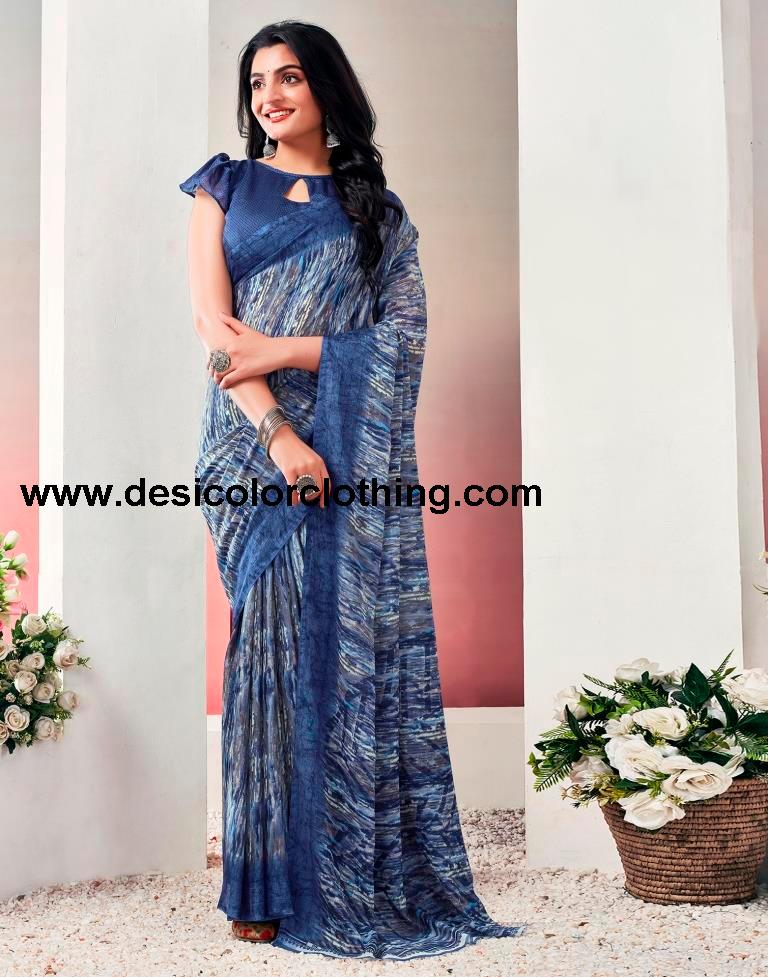Blue. Multi Chiffon Printed Saree
