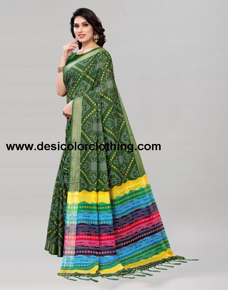 Green Coloured Cotton Bandhani Printed Saree
