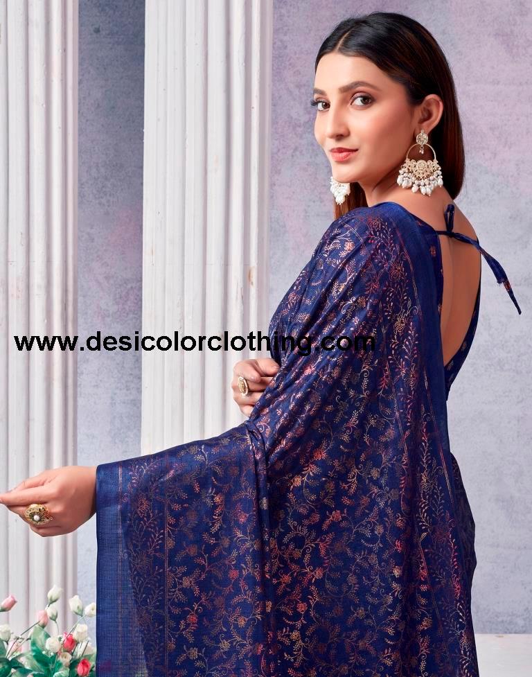 Dark Blue Silk Printed Saree