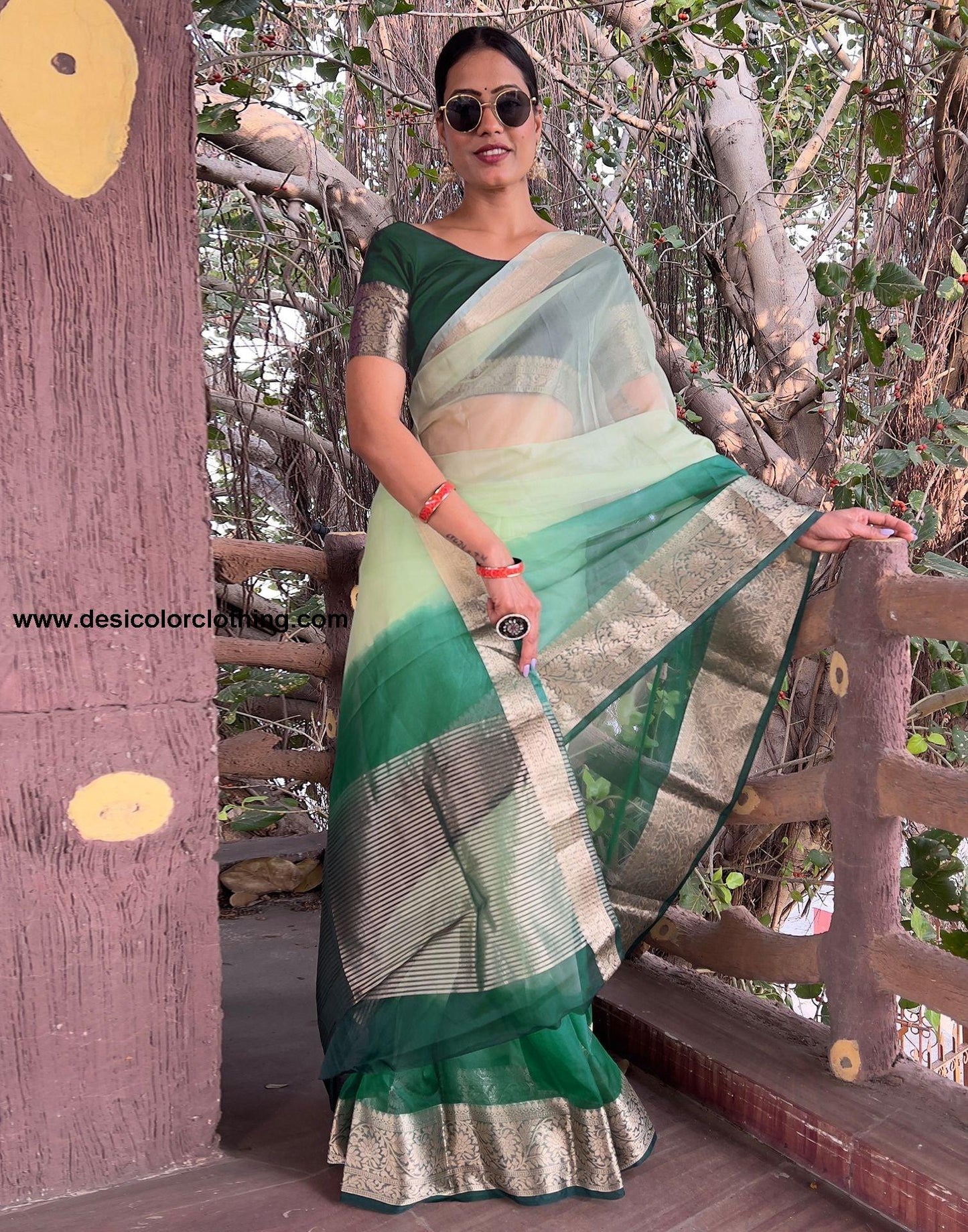 Dark Green Plain Organza Saree