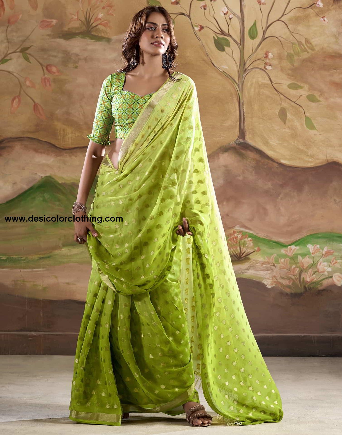 Green Banarasi Georgette Woven Saree