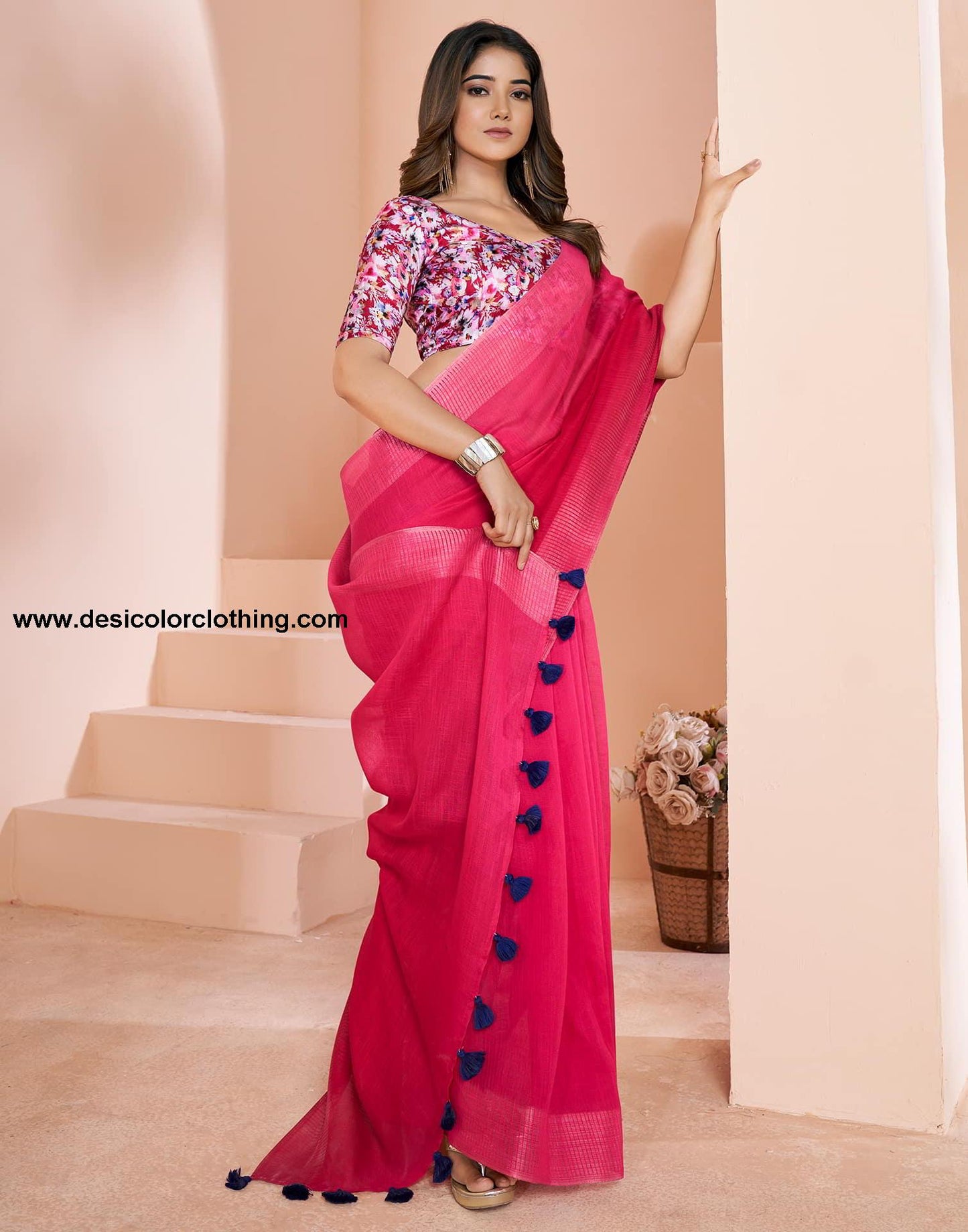 Pink Linen Plain Saree
