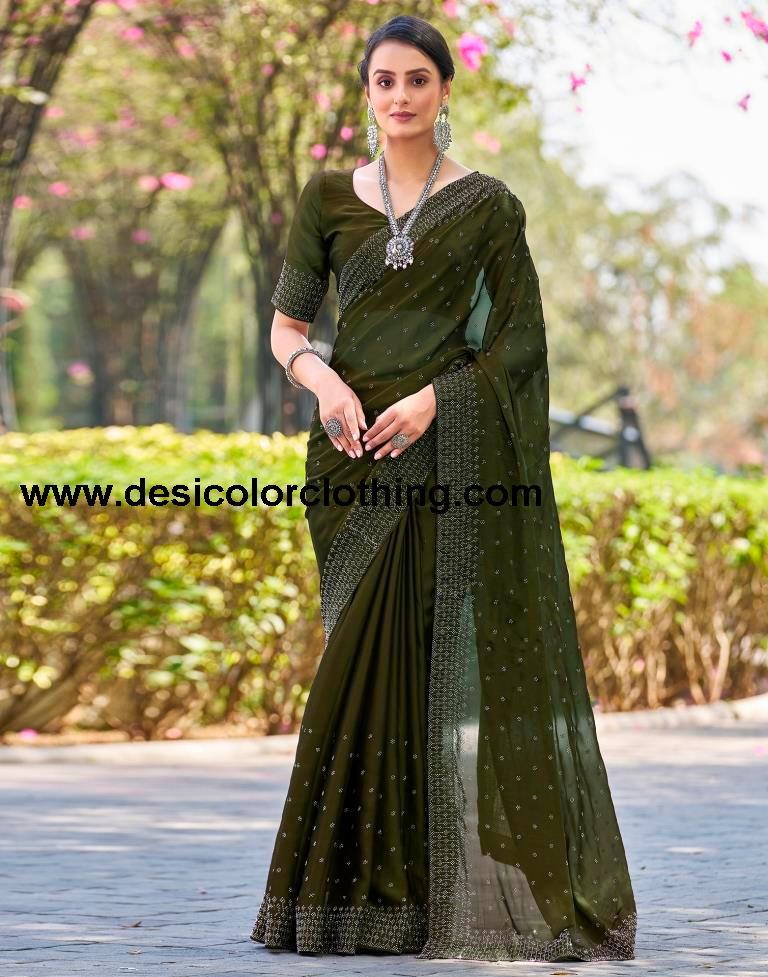 Olive Green Georgette Plain Saree