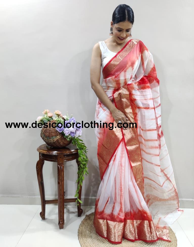 Red Organza Printed Saree