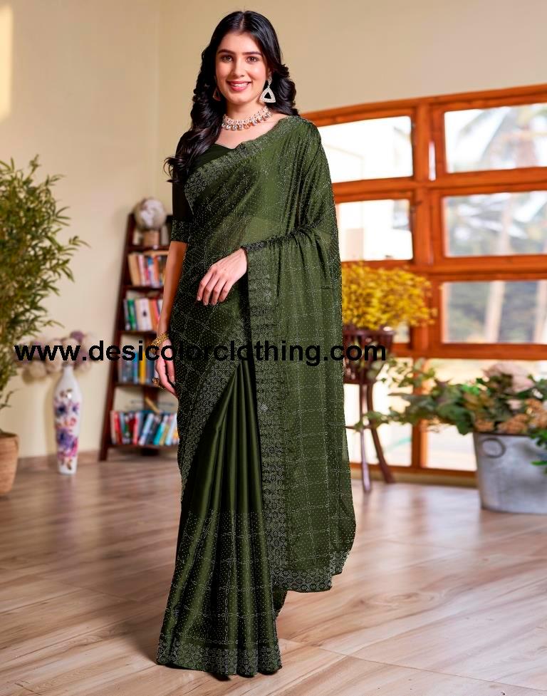 Mehndi Green Georgette Plain Saree