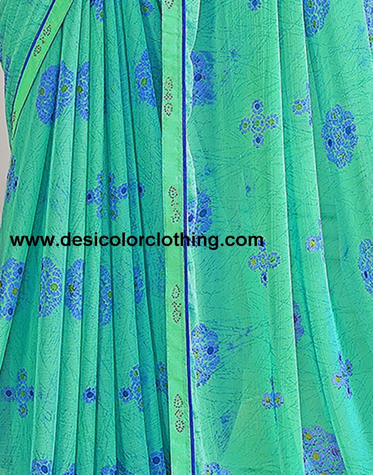 Turquoise Chiffon Printed Saree