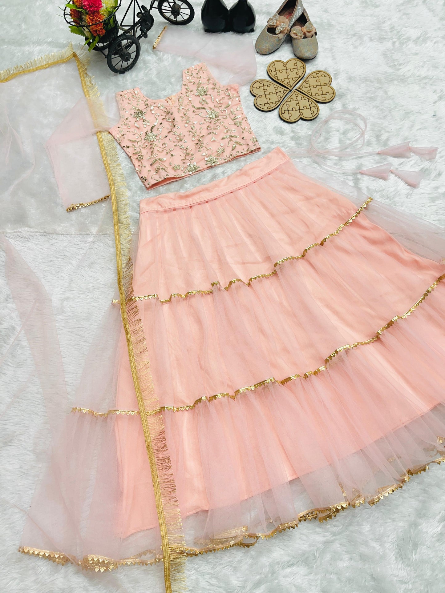 Product Image - Designer Lahenga-Choli Set for Girls with Butterfly Net