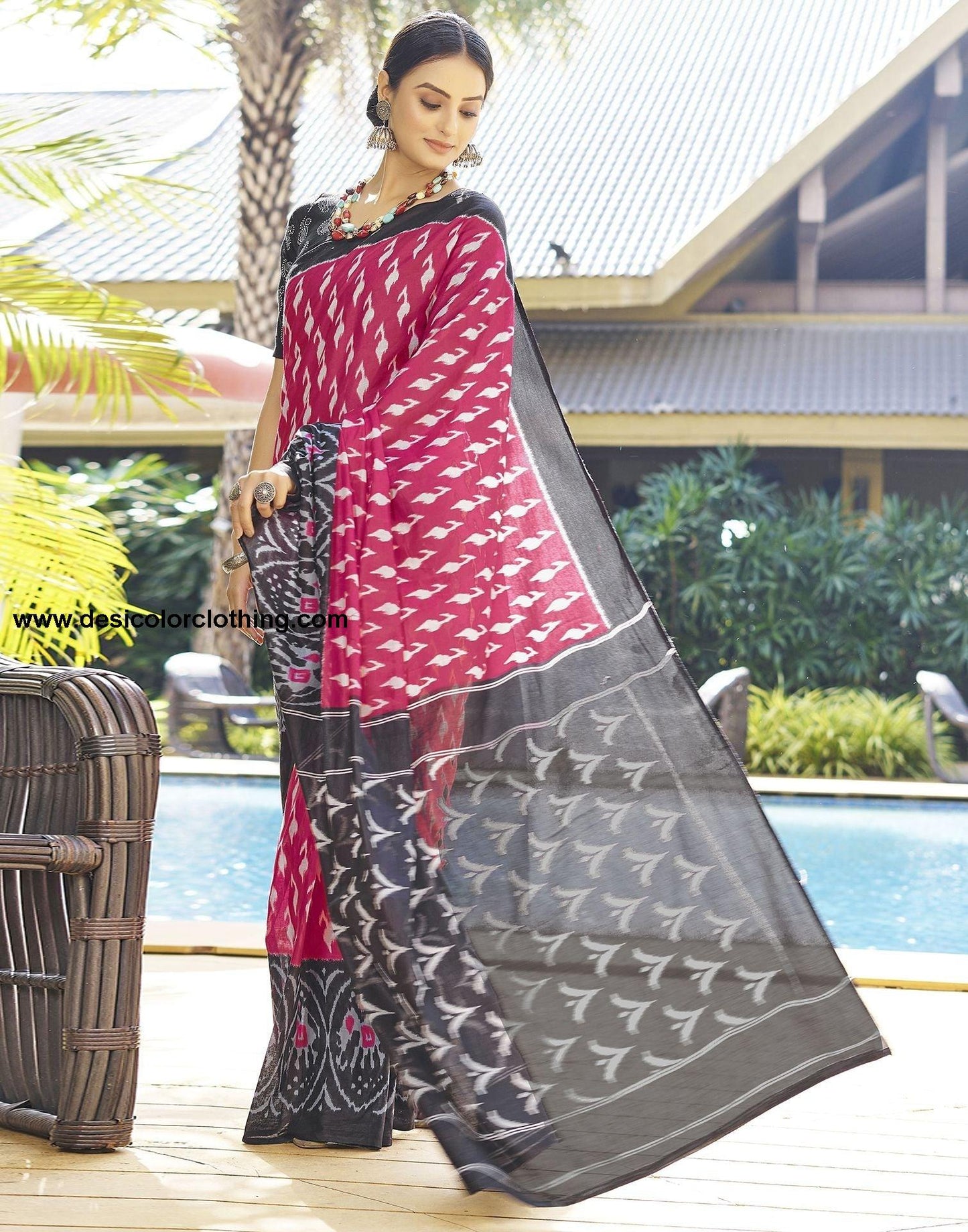 Pink Printed Cotton Pre-Draped Saree