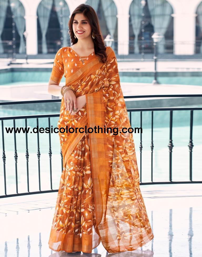 Dark Orange Cotton Printed Saree