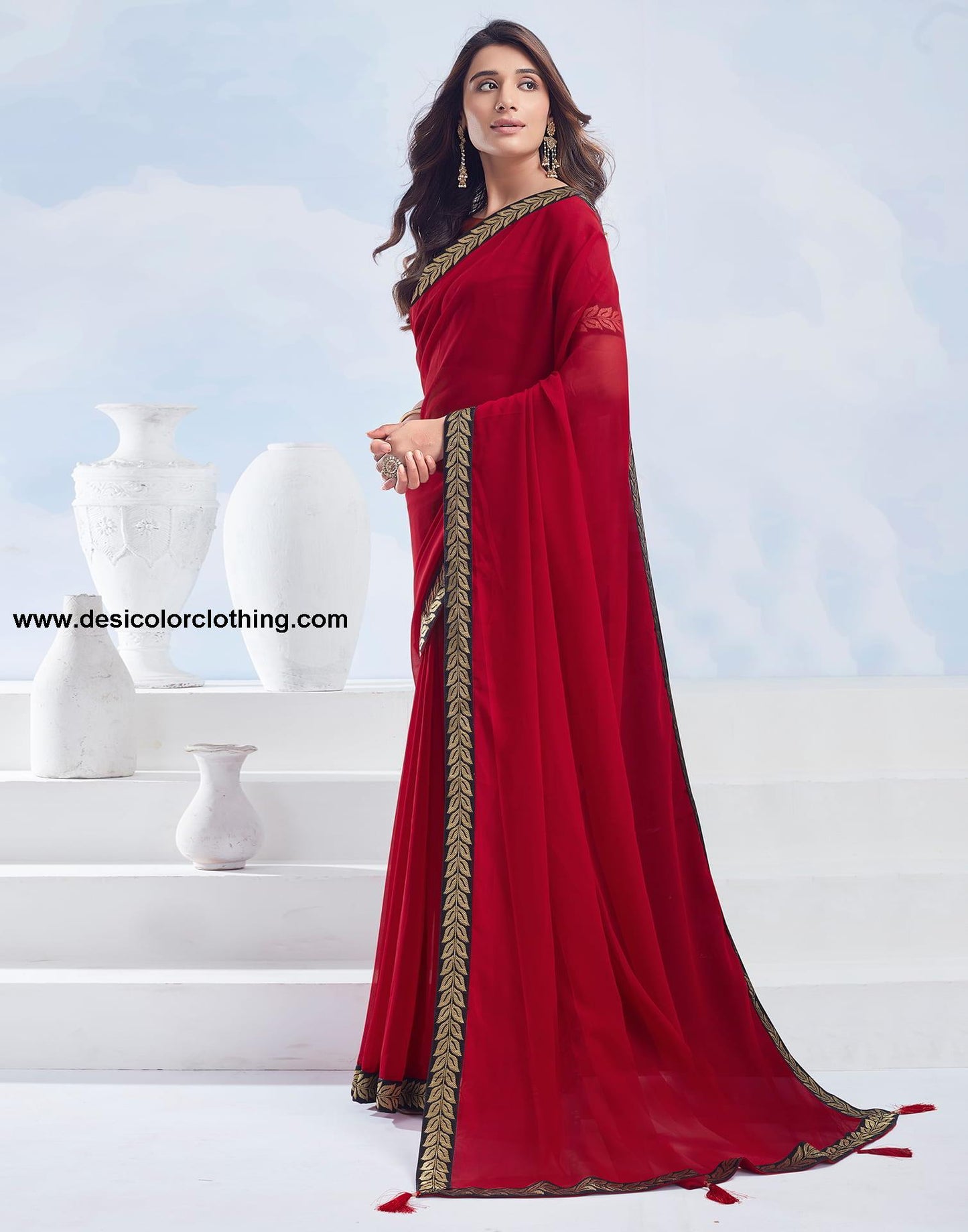 Red Plain Georgette Saree