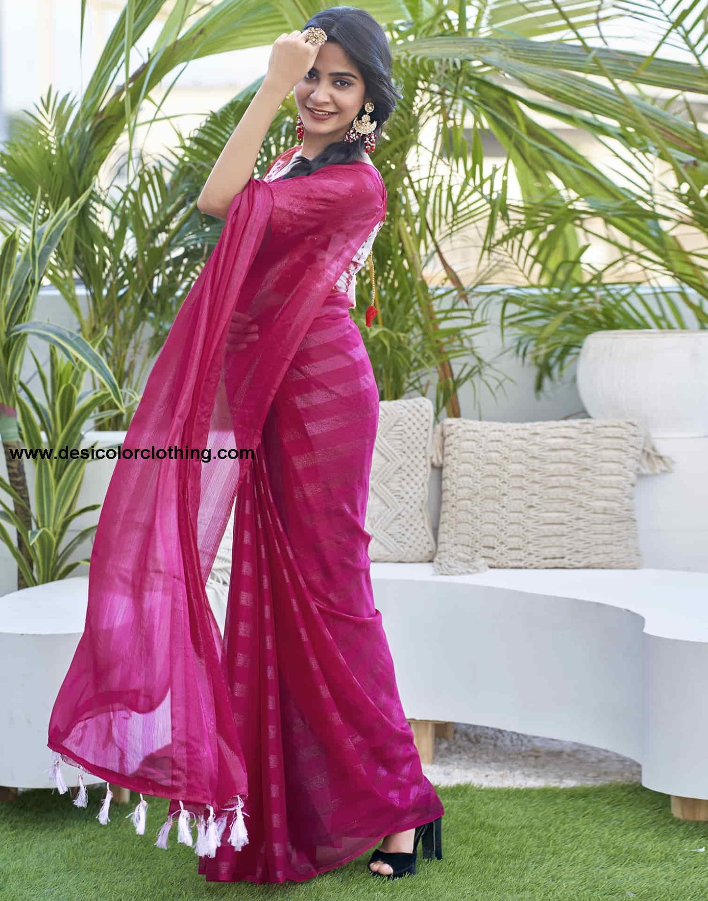 Rani Pink Chiffon Zari Plain Saree