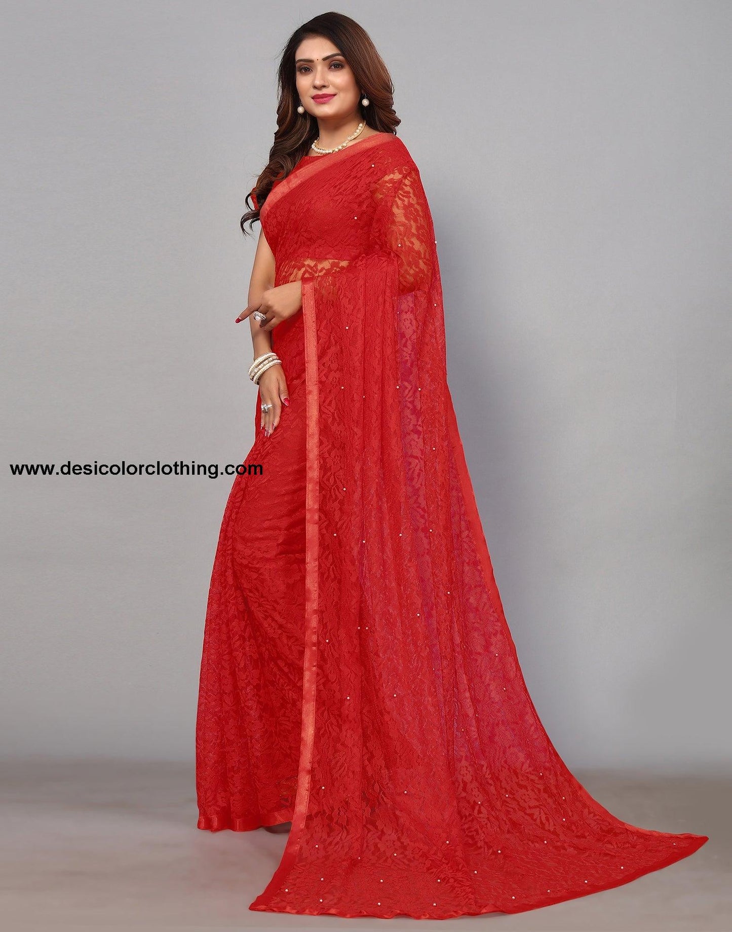 Red Net Lace Saree