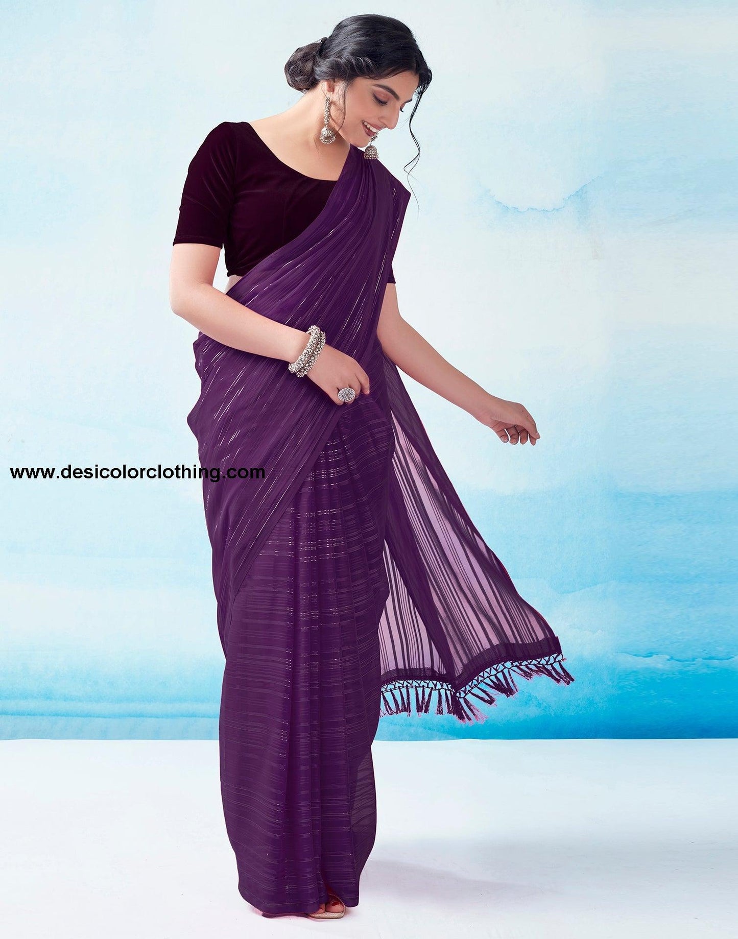 Dark Purple Georgette Plain Saree