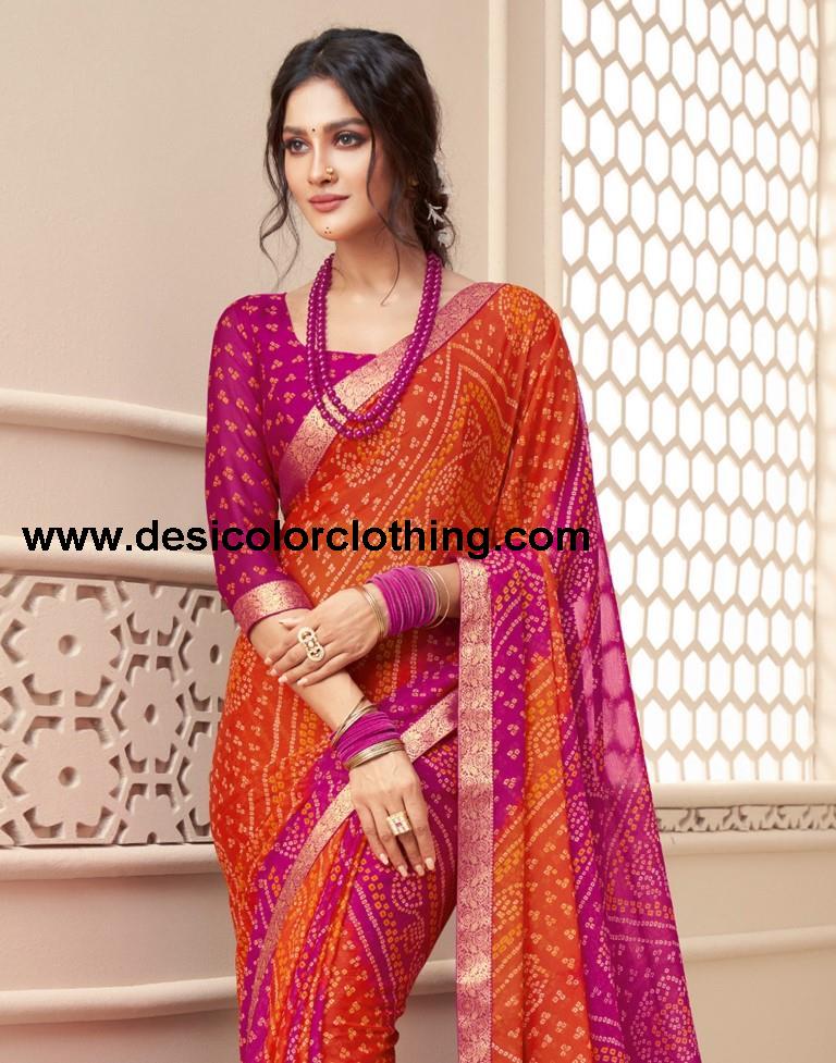 Pink And Orange Bandhani Saree