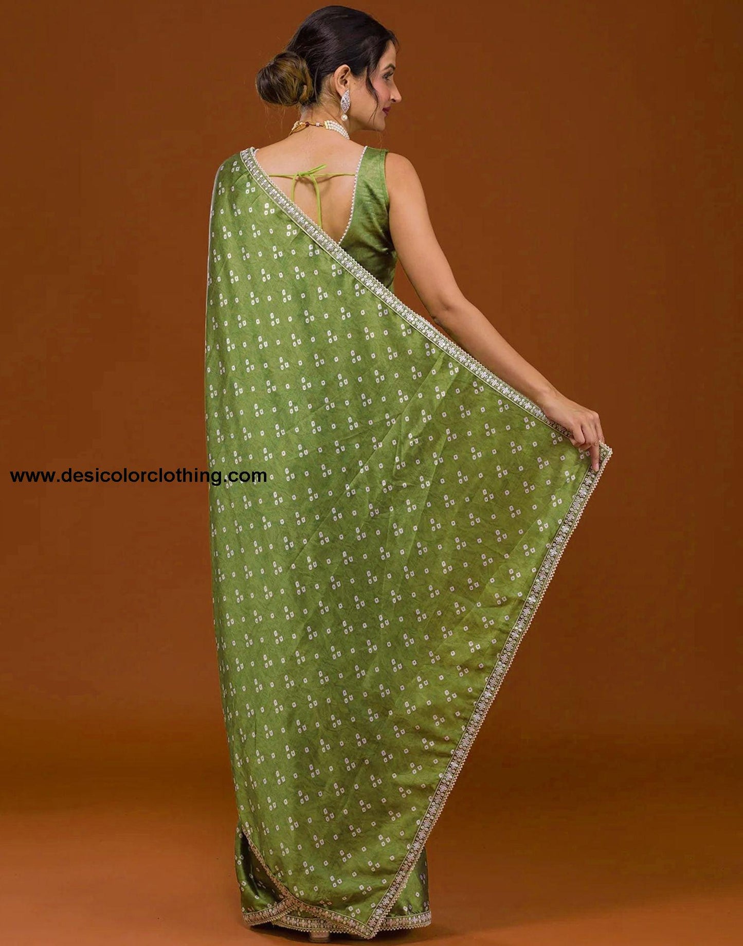 Olive Green Silk Bandhani Saree