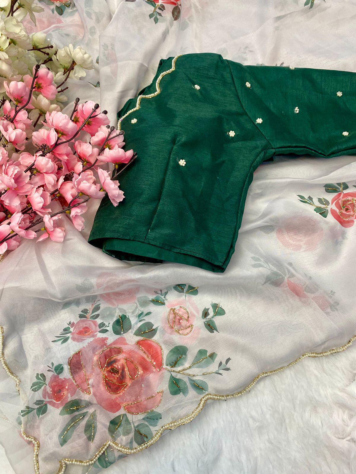 Product Image - Designer Satin Organza Saree with Handcrafted Floral Prints and Pearl Cutwork Border