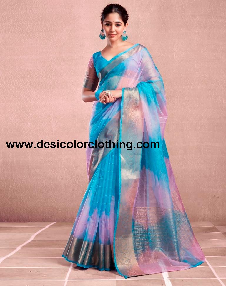 Blue Orgenza Printed Saree