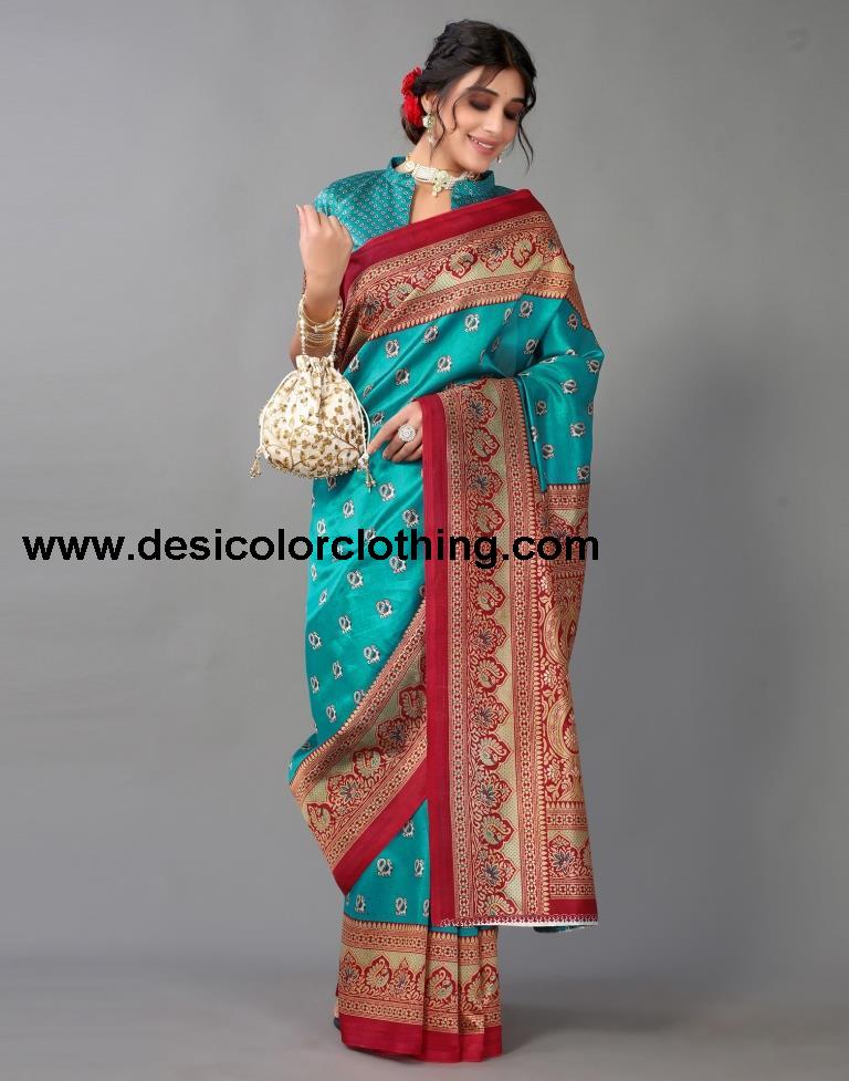 Rama Blue Printed Silk Saree