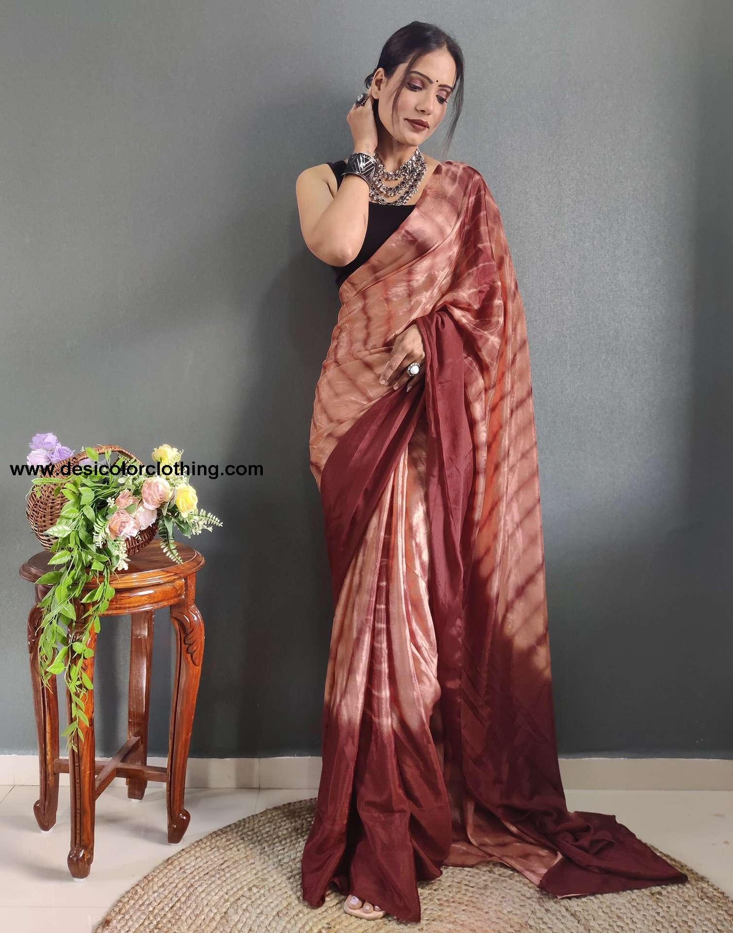 Dull Peach Printed Silk Pre-draped Saree
