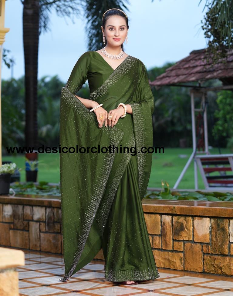 Olive Green Plain Georgette Saree