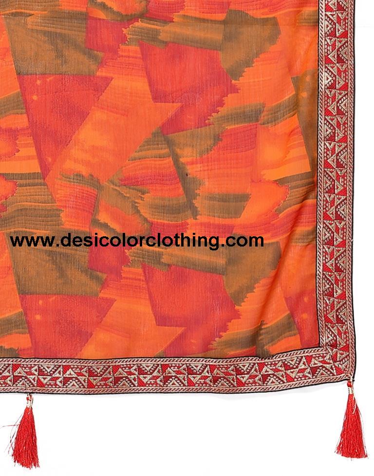 Orange Chiffon Printed Saree