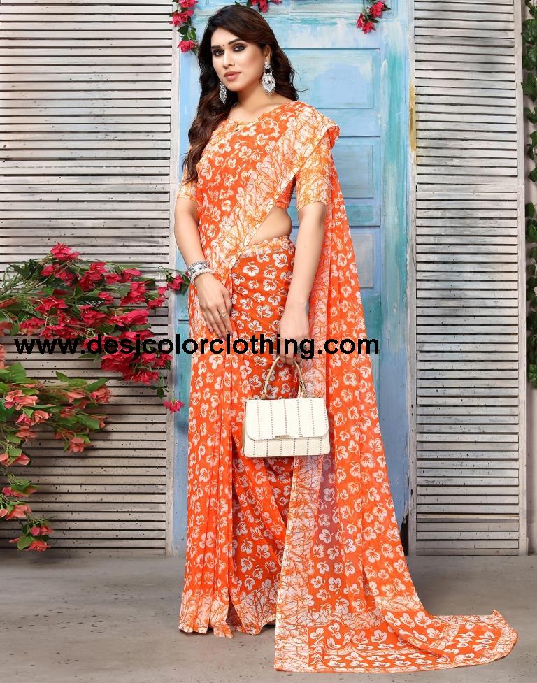 Orange Chiffon Printed Saree