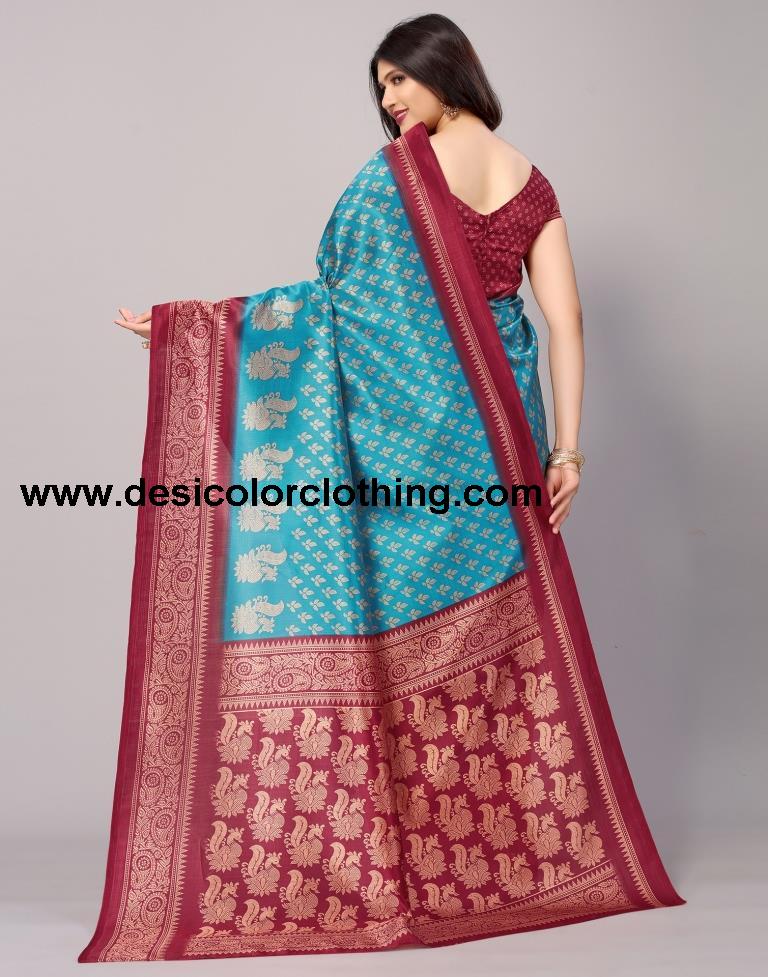 Blue Printed Silk Saree