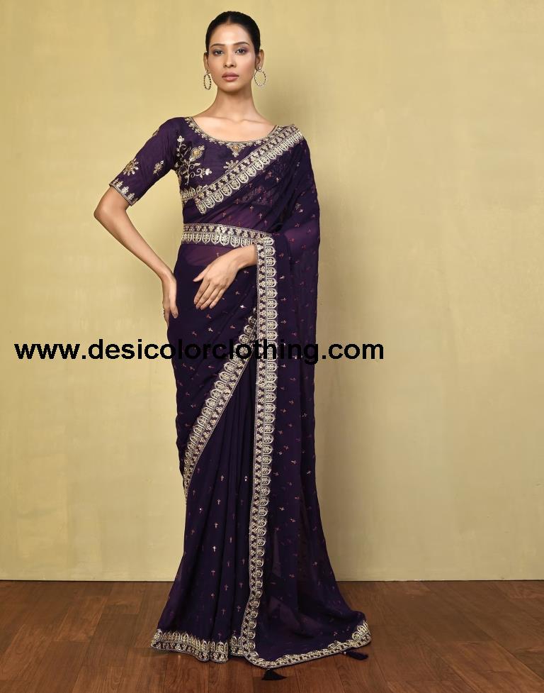 Deep Purple Georgette Plain Saree