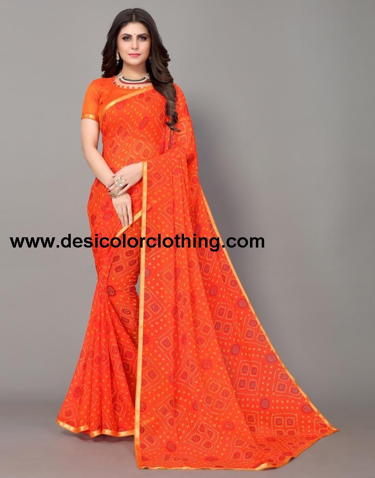 Orange Bandhani Printed Saree