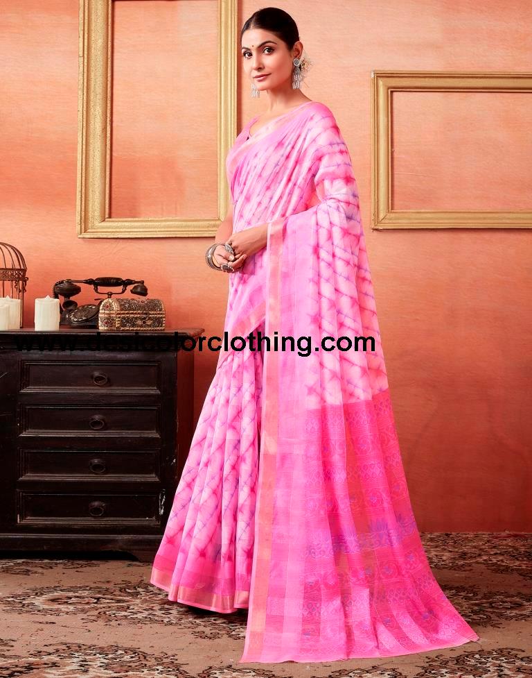 Pink Cotton Zari Saree
