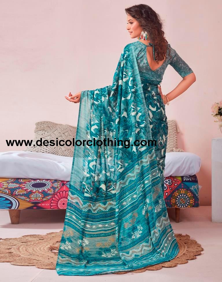 Dusty Teal Blue Georgette Printed Saree