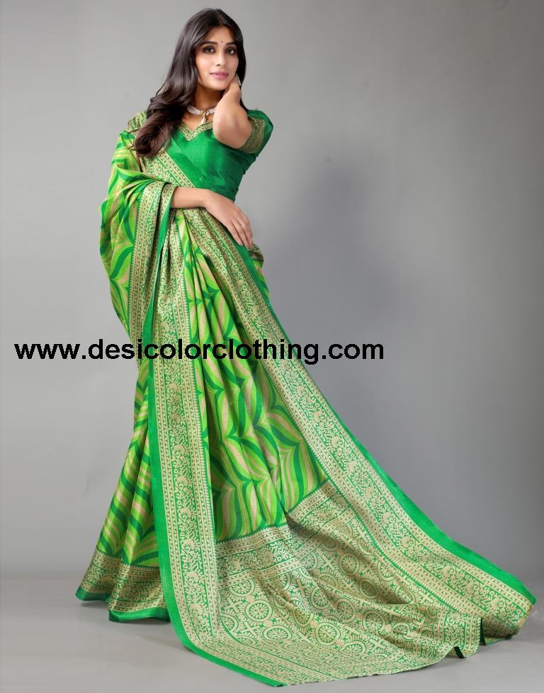 Parrot Green Printed Silk Saree