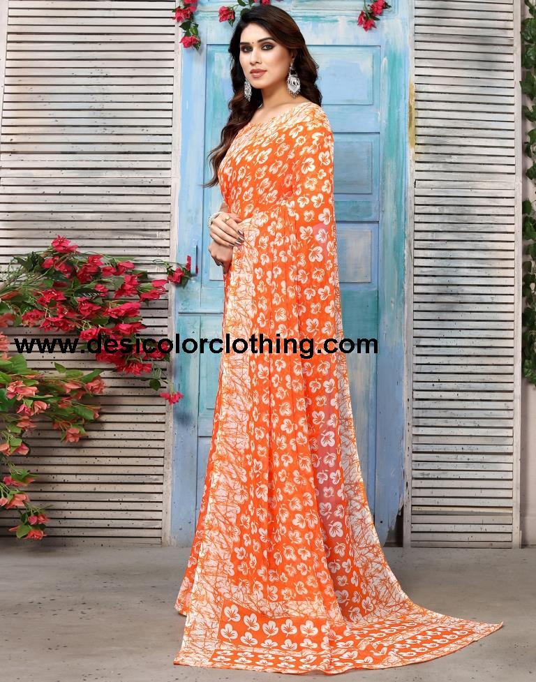 Orange Chiffon Printed Saree