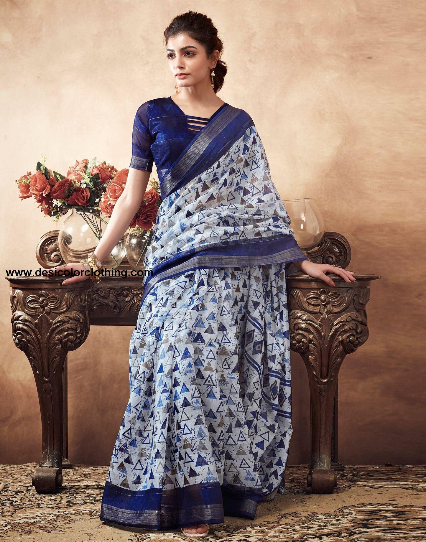 Blue Printed Cotton Saree