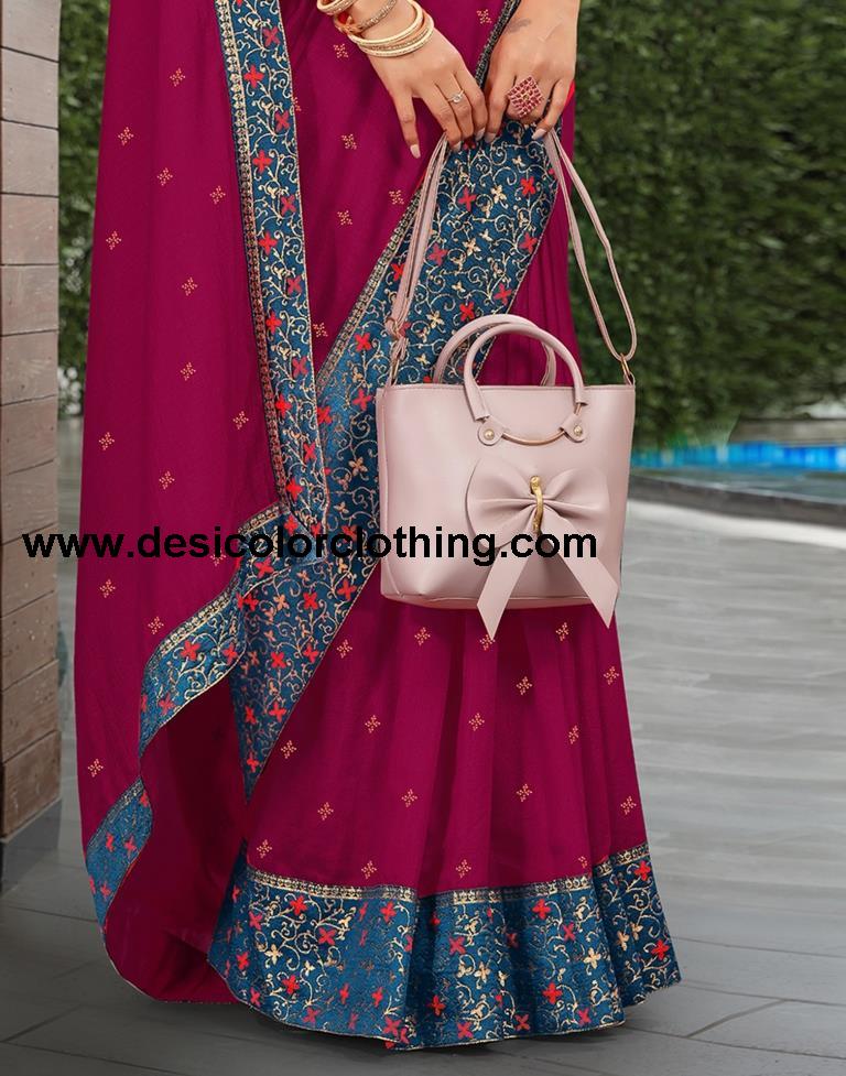 Dark Pink & Blue Silk Saree with Lace, Hot Fixing & Jacquard Brocade Blouse