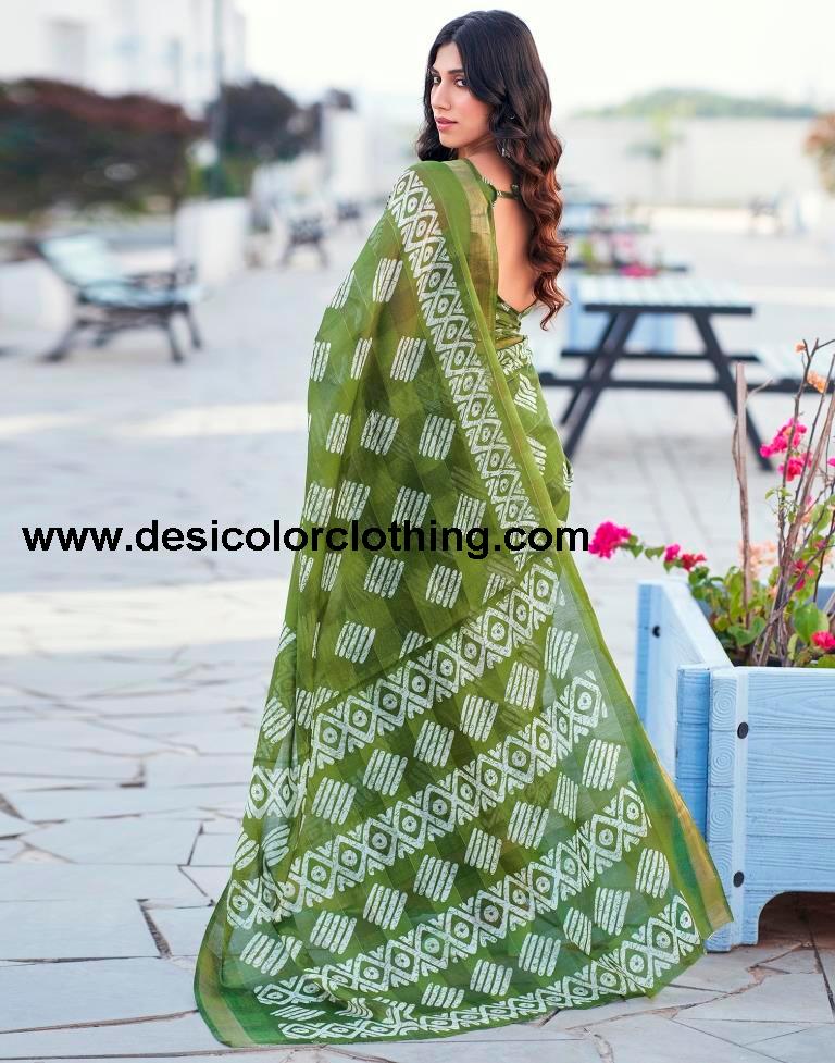 Olive Green Printed Cotton Saree