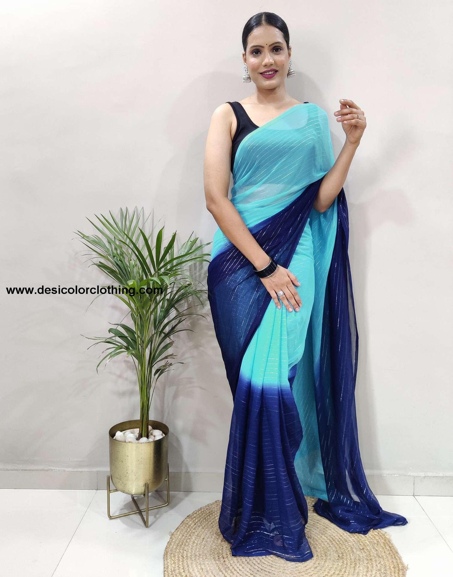Black Banglori Silk Blouse & Blue Georgette Saree with Jari Stripes