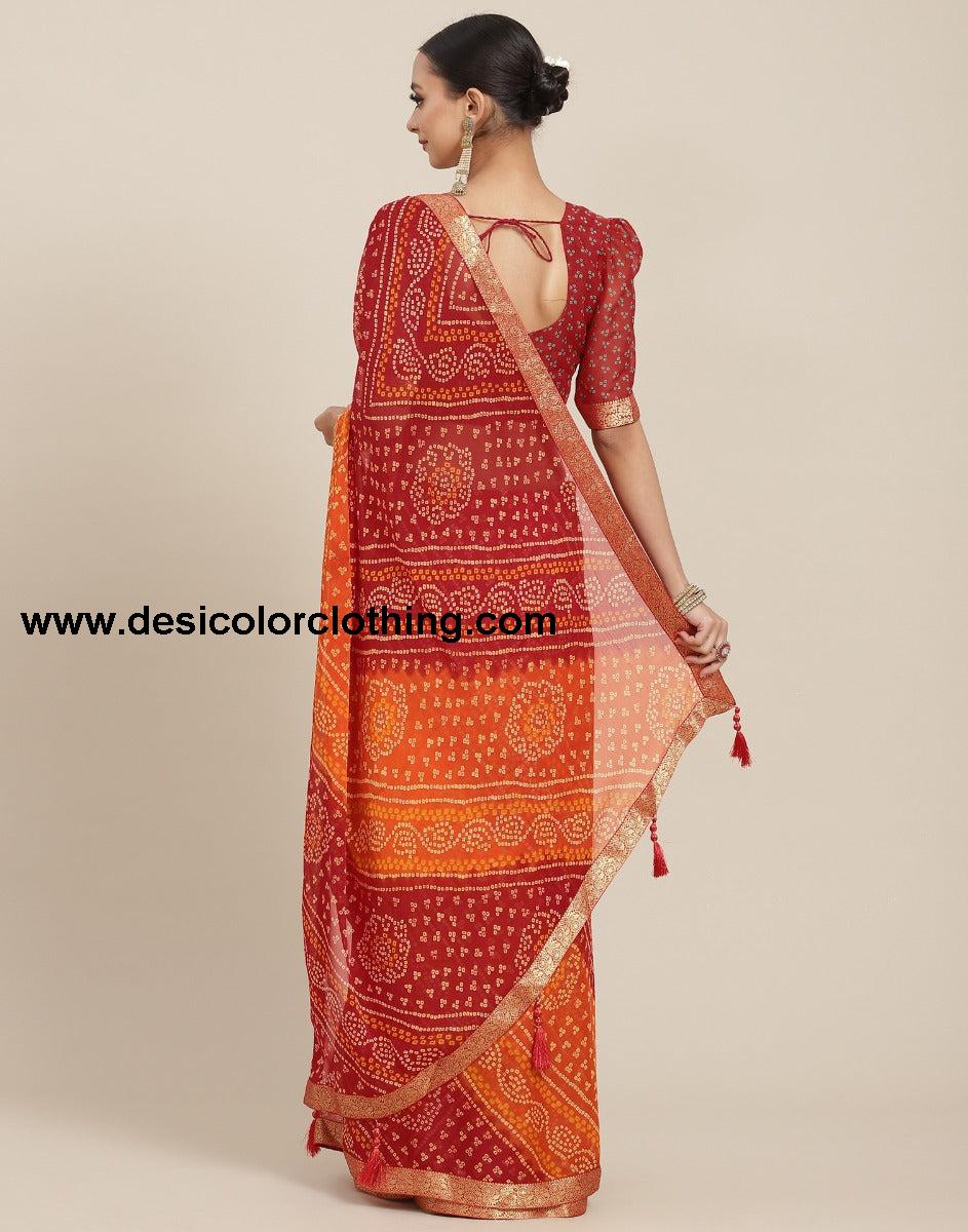 Orange And Red Bandhani Saree