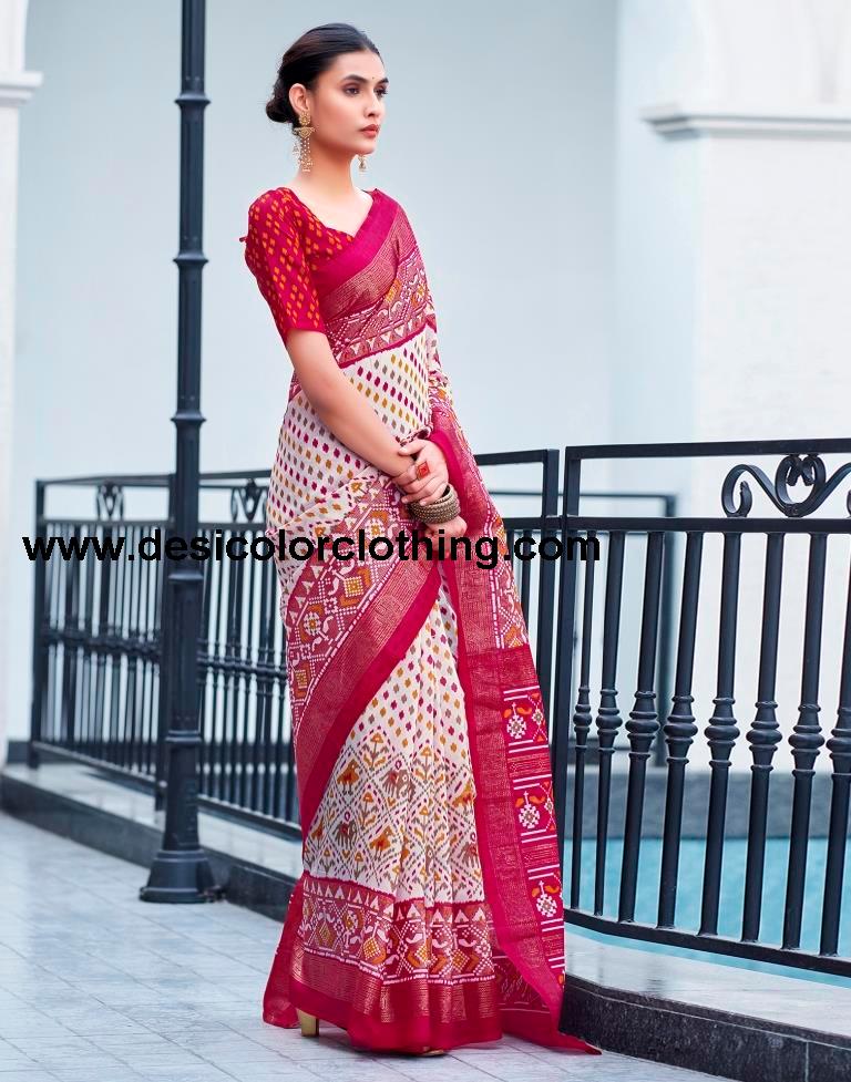 Pink Cotton Printed Saree