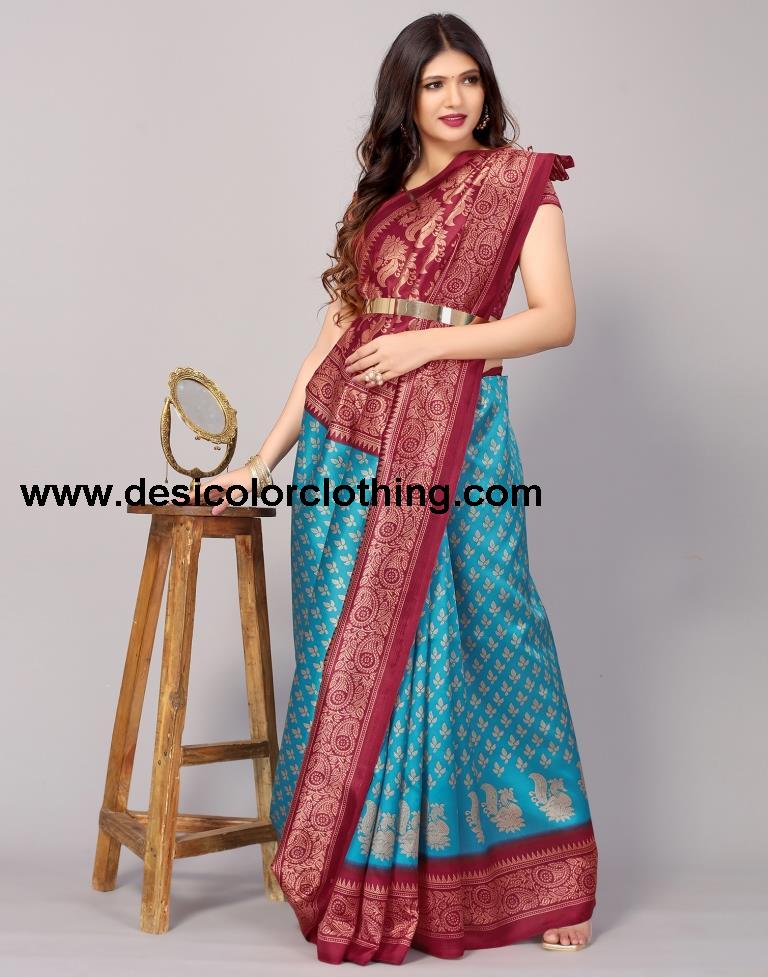 Blue Printed Silk Saree