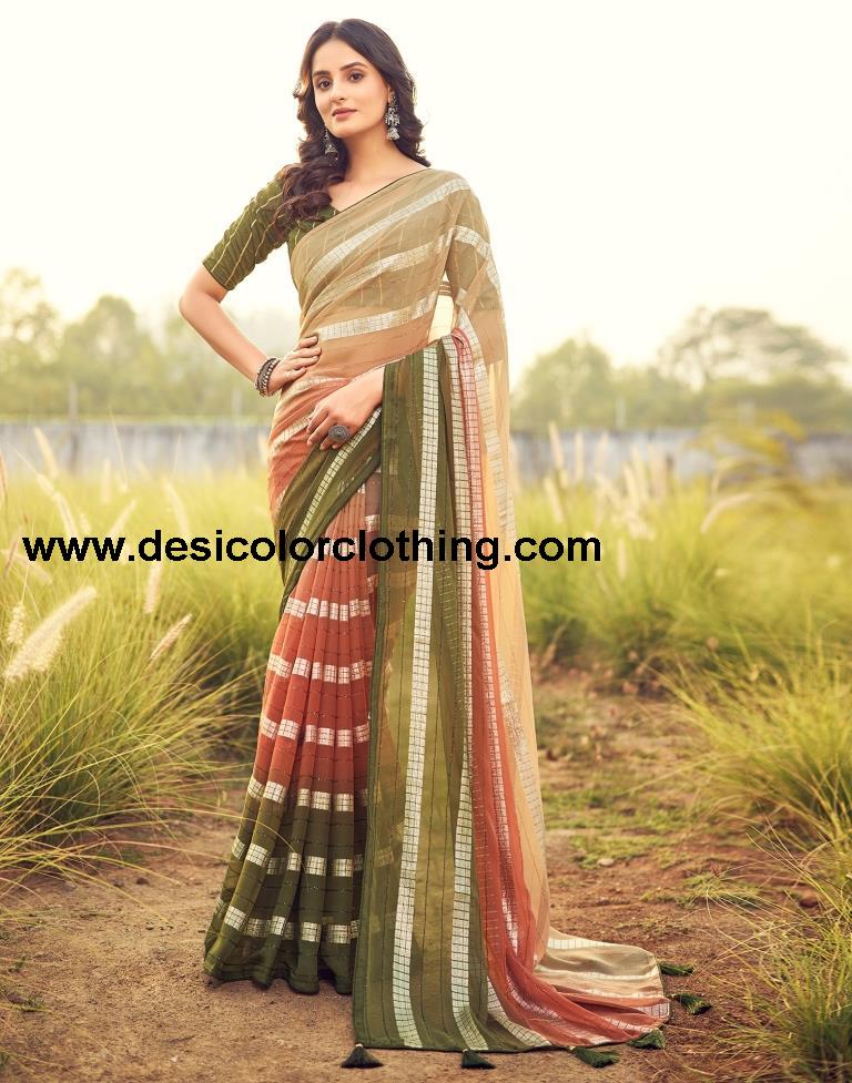 Olive Green Georgette Plain Saree